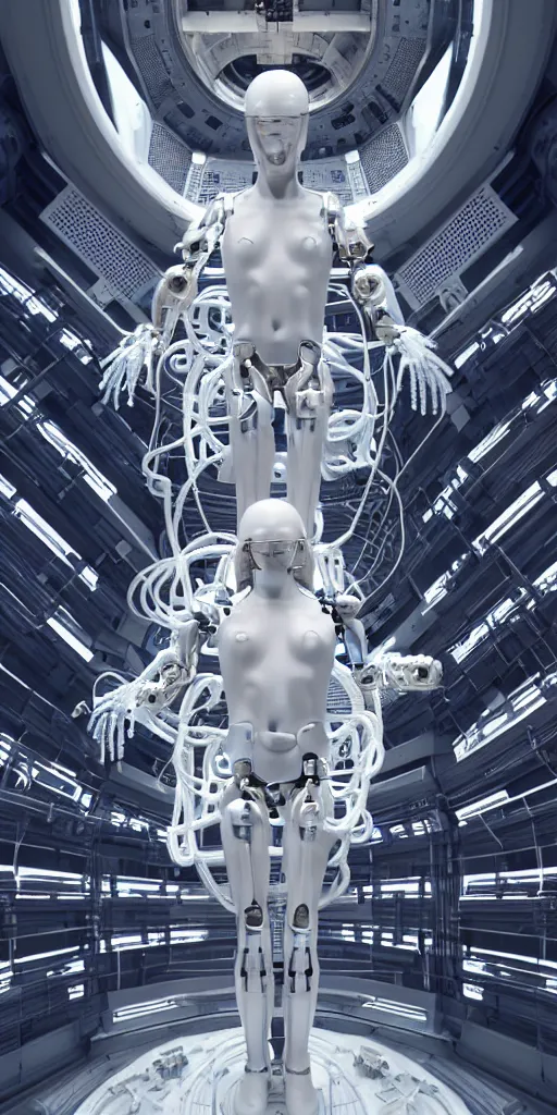 Prompt: high detailed space station interior a statue jesus on cross made of white marble, perfect symmetrical body, full body shot, inflateble shapes, wires, tubes, veins, jellyfish, white biomechanical details, wearing epic bionic cyborg implants, masterpiece, intricate, biopunk, vogue, highly detailed, artstation, concept art, cyberpunk, octane render