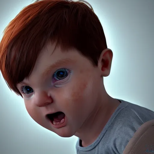 Image similar to hyperrealistic little baby boy big blue eyes thin auburn hair big cheeks, stunning 3 d render inspired by istvan sandorfi & greg rutkowski & mike judge, perfect symmetry, dim volumetric cinematic lighting, 8 k octane comprehensive render, extremely mega hyper - detailed and lifelike attributes & atmosphere, intricate, realistic flesh texture, masterpiece, artstation, stunning,