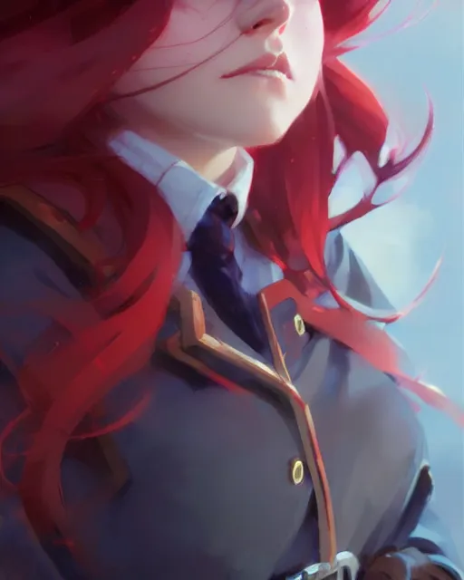 Prompt: little witch academia, closeup, red hair, intricate, uniform, sharp focus, illustration, highly detailed, digital painting, concept art, matte, art by ruan jia and wlop and greg rutkowski, masterpiece