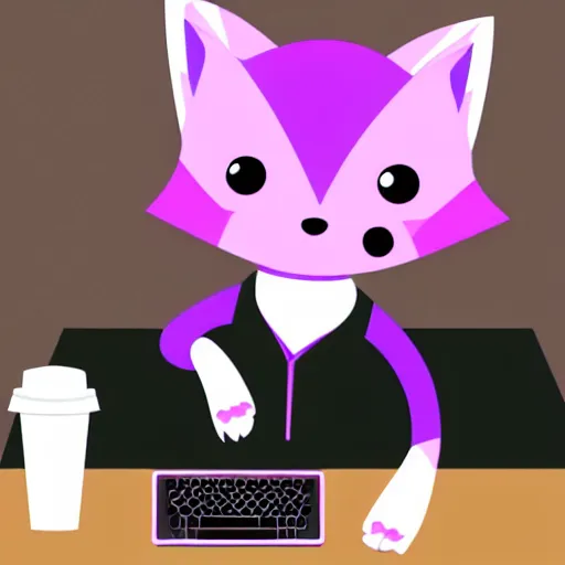 Image similar to Light pink anthropomorphic fox with purple hair typing at a computer on a desk with a coffee cup steaming next to it