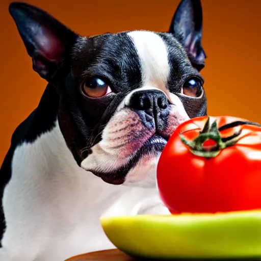 Prompt: boston terrier with a human beard eating tomato's with cheese, photorealistic, high detail, 8 k resolution