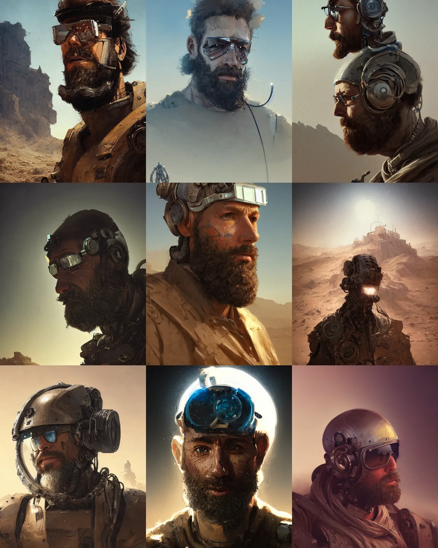 Prompt: a bearded rugged engineer man with cybernetic enhancements lost in the desert, scifi character portrait by greg rutkowski, esuthio, craig mullins, 1 / 4 headshot, cinematic lighting, dystopian scifi gear, gloomy, profile picture, mechanical, half robot, implants, steampunk