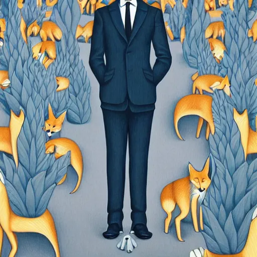 Image similar to an artistic portrait of fox in full tailored suit by Escher Casey Weldon, behance contest winner, colorful