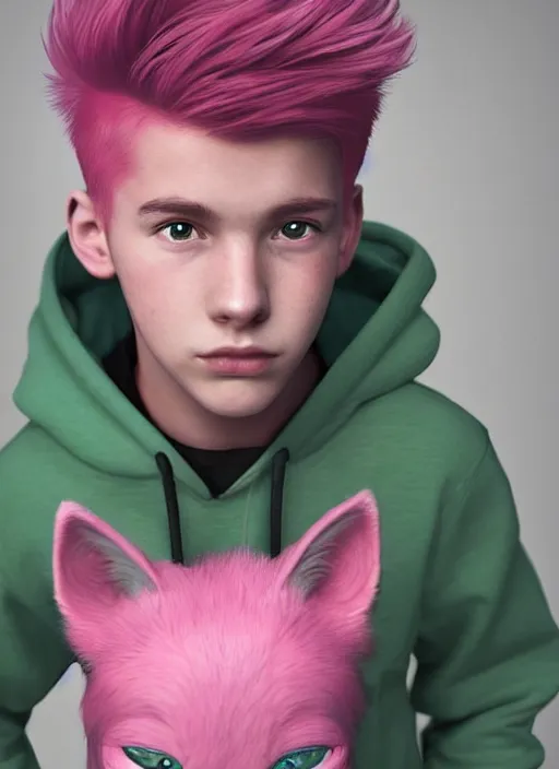 Image similar to a beautiful portrait of a cute teenage boy with pink hair and pink wolf ears and green eyes wearing a hoodie. artstation, pinterest, ambient occlusion, volumetric light, digital art, highly detailed, fine detail, complex fantasy character, rendered in octane