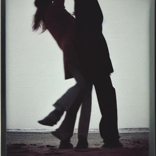 Image similar to 9 0 s polaroid photograph of a man and woman both wearing trenchcoats at night, dancing together on a beach during cloudy weather, vignette