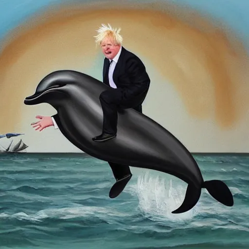Image similar to boris johnson riding a dolphin, painting