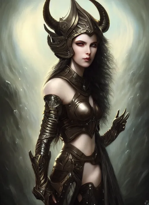 Prompt: a beautiful woman with horns and armor, painted by artgerm and tom bagshaw, fantasy art, dramatic lighting, highly detailed oil painting