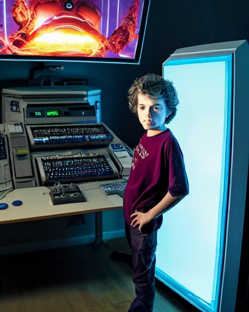 Image similar to 8k professional photo of an 8 years old enlightened and scared boy standing in front of an old computer from 90s with a game doom2 at the monitor screen, still from a 2021 movie by Alfonso Cuaron and James Cameron