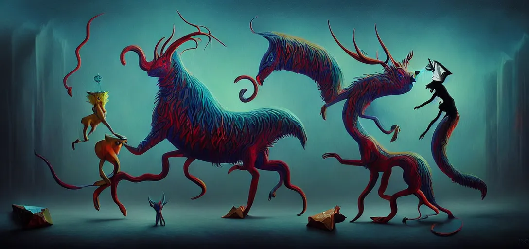 Image similar to strange mythical beasts of whimsy, surreal dark uncanny painting by ronny khalil