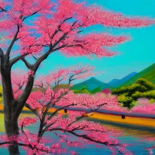 Prompt: painting of cherry blossoms in Japan, vibrant colors, pastel