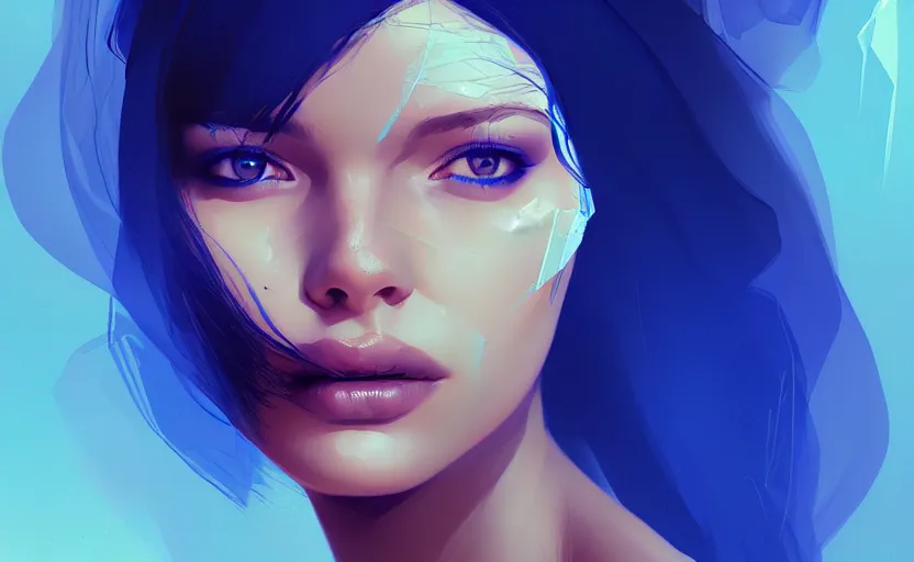 Prompt: a portrait of a beautiful woman with a shattered face in desert, blue color scheme, trending on artstation, cgsociety