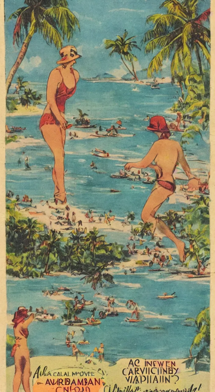 Prompt: a 1920s vacation pamphlet about a Caribbean beach,