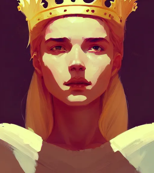 Image similar to portrait of beautiful warrior with golden hair, sun, crown, by atey ghailan, by greg rutkowski, by greg tocchini, by james gilleard, by joe fenton, by kaethe butcher, dynamic lighting, gradient light blue, brown, blonde cream and white color scheme, grunge aesthetic