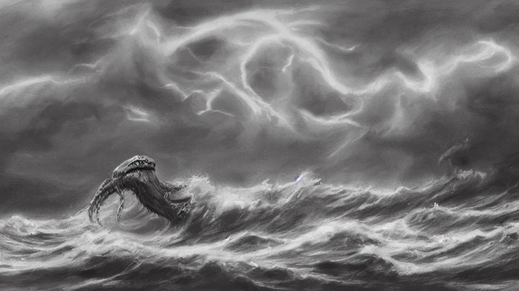 Prompt: A kraken rising out of a stormy sea, concept art, charcoal sketch, 8k, highly detailed, artstation