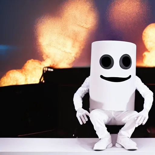 Image similar to marshmello prays to crazy frog with hands clasped