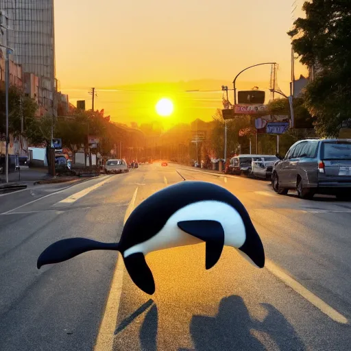 Image similar to photo of an enormous full sized needle - felted killer whale crossing a busy street golden hour