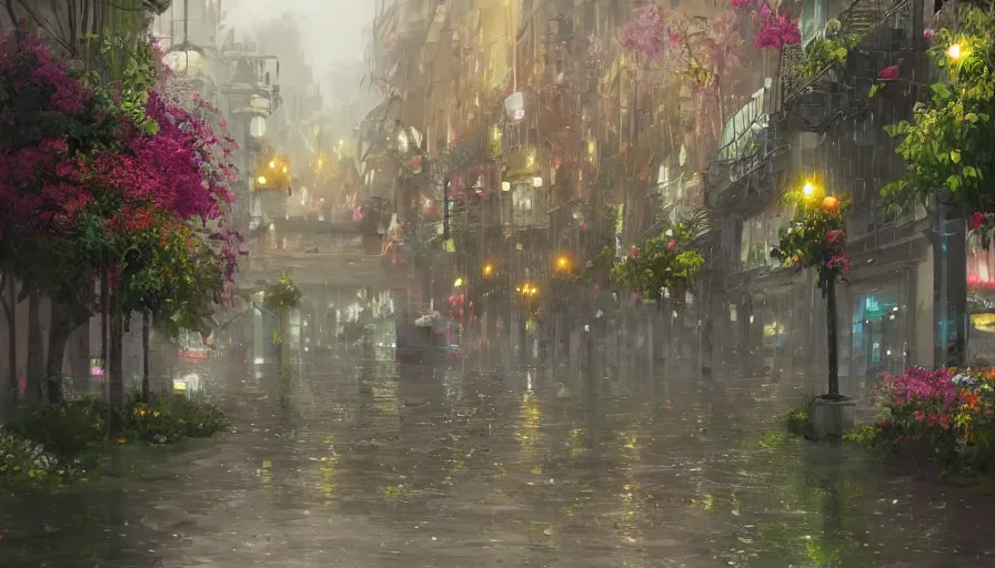 Prompt: city full of flowers, plant and trees, during heavy rain, artstation