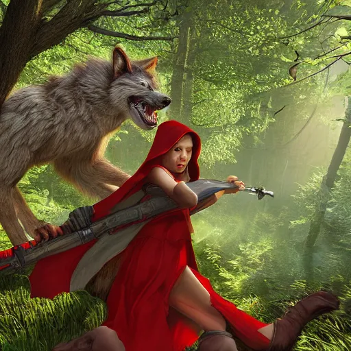 Image similar to portrait of a cute and beautiful, smirking heavily armed little red riding hood, getting attacked by a werewolf from behind in a lush green forest, sharp focus, unreal engine 5, digital illustration, volumetric light, highly detailed, intricate, by michael whelan, james gurney, 8 k