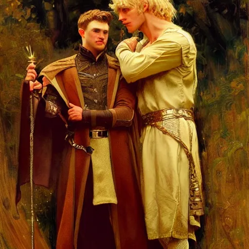 Image similar to attractive, arthur pendragon in love with attractive male, merlin the mage. highly detailed painting by gaston bussiere, craig mullins, j. c. leyendecker