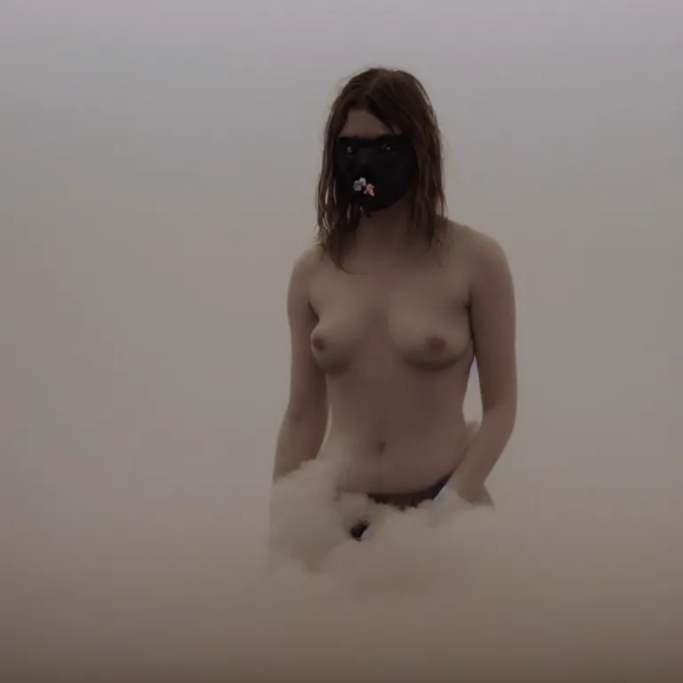 Prompt: The full body shot of beautiful pale woman with many flowers and full-face black mask inside a thick cloud black smoke in rocky desert landscape, glowing eyes, falling star on the horizon by Gaspar Noe, Alejandro Jodorowsky and Christopher Doyle, anamorphic lens, anamorphic lens flares, kodakchrome, cinematic composition, award winning photo, 8k