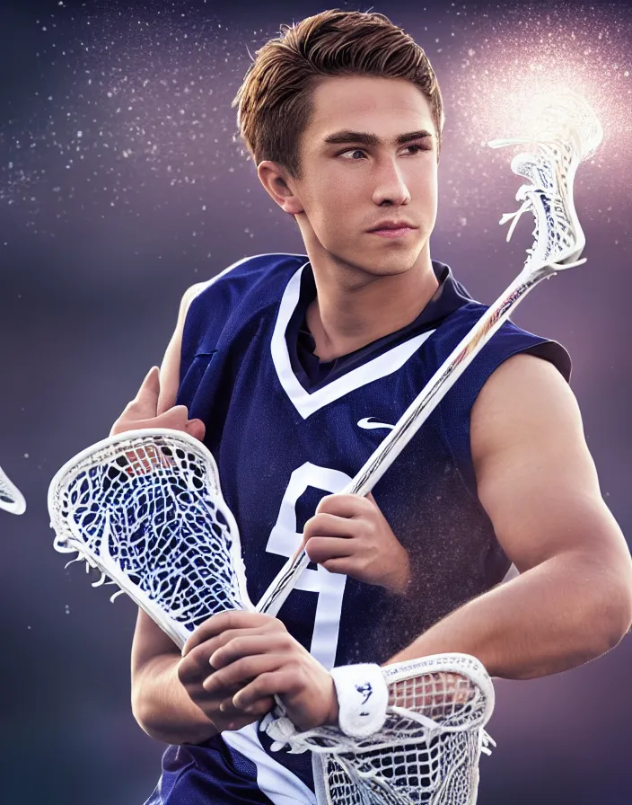 Image similar to closeup portrait of very beautiful cute male lacrosse player in a penn state stadium, glamour pose, particle effects, backlit, highly detailed, soft ambient lighting, sharp focus, rule of thirds, artgerm, wlop, arney freytag, rossdraws, frank frazetta, andrei riabovitchev, hd, octane, 4 k