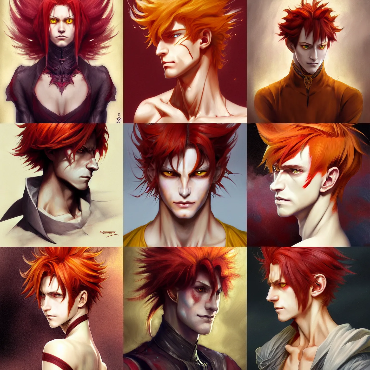 Image similar to portrait of hisoka morow hunter hunter, male, sharp jaw yellow eyes small eyes red hair crimson medium length hair, anime, fantasy, intricate, elegant, highly detailed, digital painting, artstation, concept art, matte, sharp focus, illustration, art by artgerm and greg rutkowski and alphonse mucha