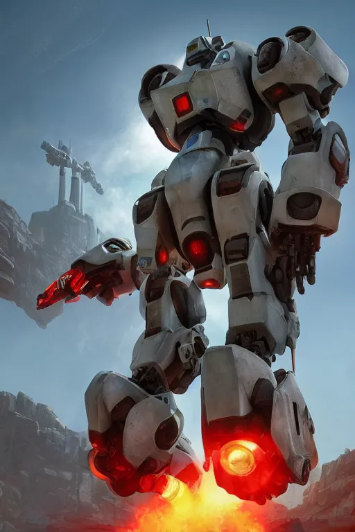 Image similar to mechwarrior 5 : mercenaries mech megaman transformer robot boss tank engine game octane render, 4 k, hd 2 0 2 2 3 d cgi rtx hdr style chrome reflexion glow fanart, global illumination ray tracing hdr fanart arstation by ian pesty by jesper ejsing pixar and disney unreal zbrush central hardmesh