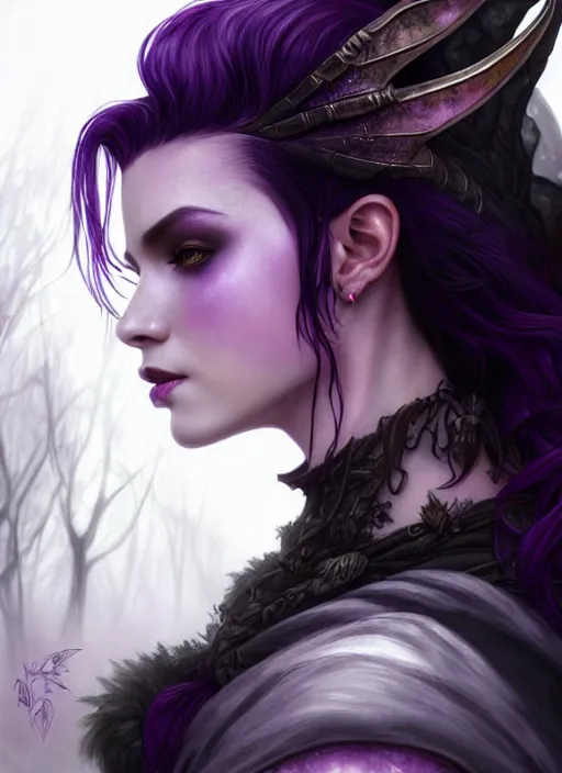 Image similar to side portrait dark witch, adventurer outfit large cloak, fantasy forest landscape, dragon scales, fantasy magic, undercut hairstyle, short purple black fade hair, dark light night, intricate, elegant, sharp focus, illustration, highly detailed, digital painting, concept art, matte, art by WLOP and Artgerm and Greg Rutkowski and Alphonse Mucha, masterpiece