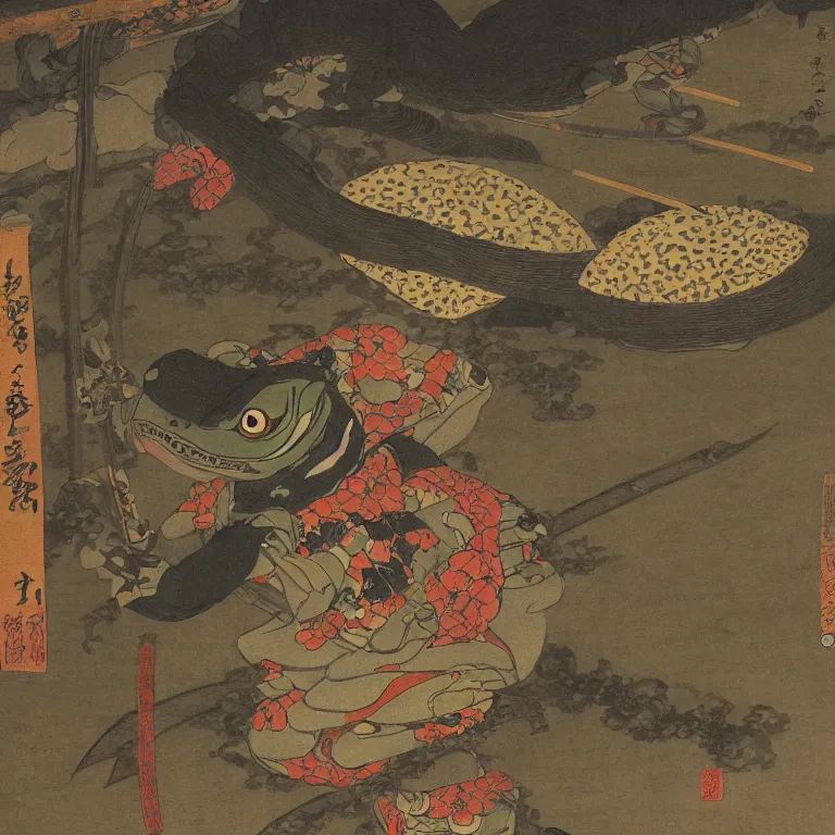 Prompt: Beautiful Intensely lit realistic scene of a Frog Samurai crossing a bridge, beautiful oil painting in the style of Kuniyoshi and Sharaku, trending on artstation dramatic lighting realism