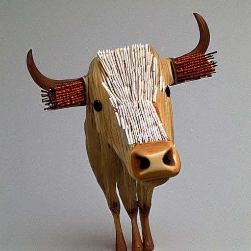 Image similar to A photorealistic sculpture of a cow made from matches