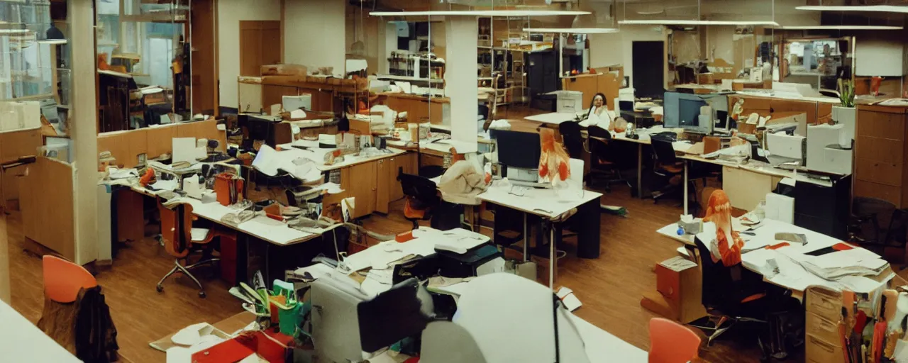 Prompt: security cam footage of someone with their head on spaghetti at their desk, at work, kodachrome, in the style of wes anderson, retro