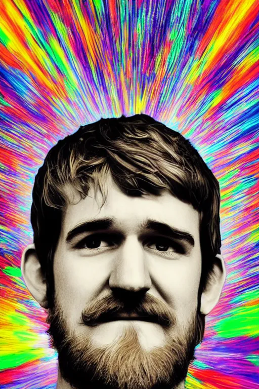 Image similar to inspirational style hope poster of bo burnham with beard, psychedelic colors, highly detailed, realistic, loving, beautiful composition