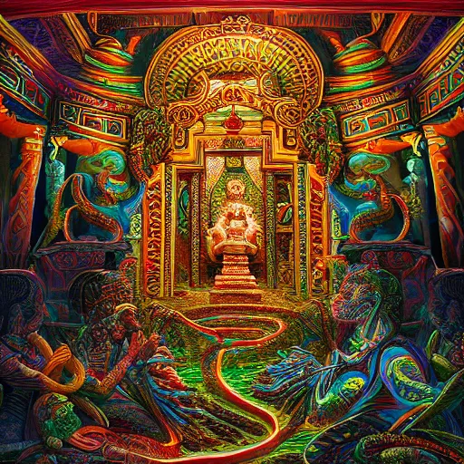 Prompt: person inside a temple made of serpents. Hyperdetailed photorealism, 108 megapixels, amazing depth, glowing rich colors, powerful imagery, psychedelic Overtones