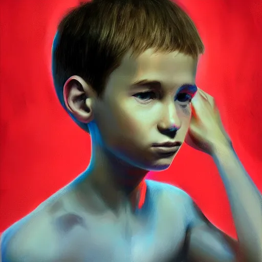 Prompt: a skinny kid with a big head, digital painting, beautiful lighting