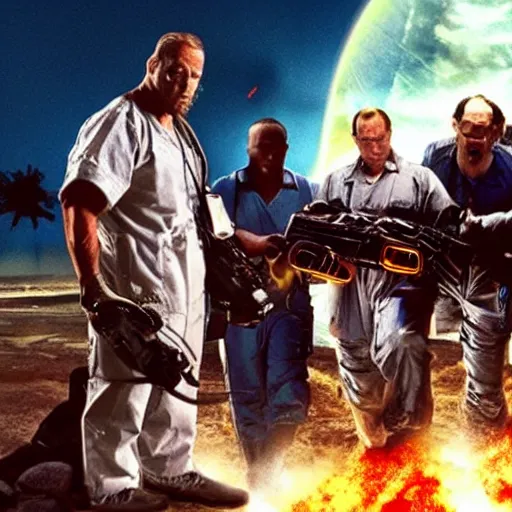 Image similar to a still from the movie armageddon crossover with the game surgeon simulator