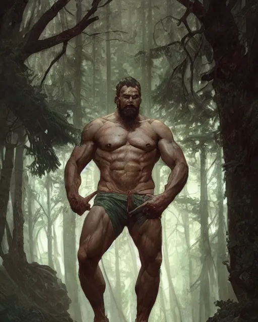 Prompt: god of the forest, 3 0 years old, rugged, male, gorgeous, detailed face, amazing, thighs!!!!!!, muscular, intricate, highly detailed, digital painting, artstation, concept art, sharp focus, illustration, art by greg rutkowski and alphonse mucha