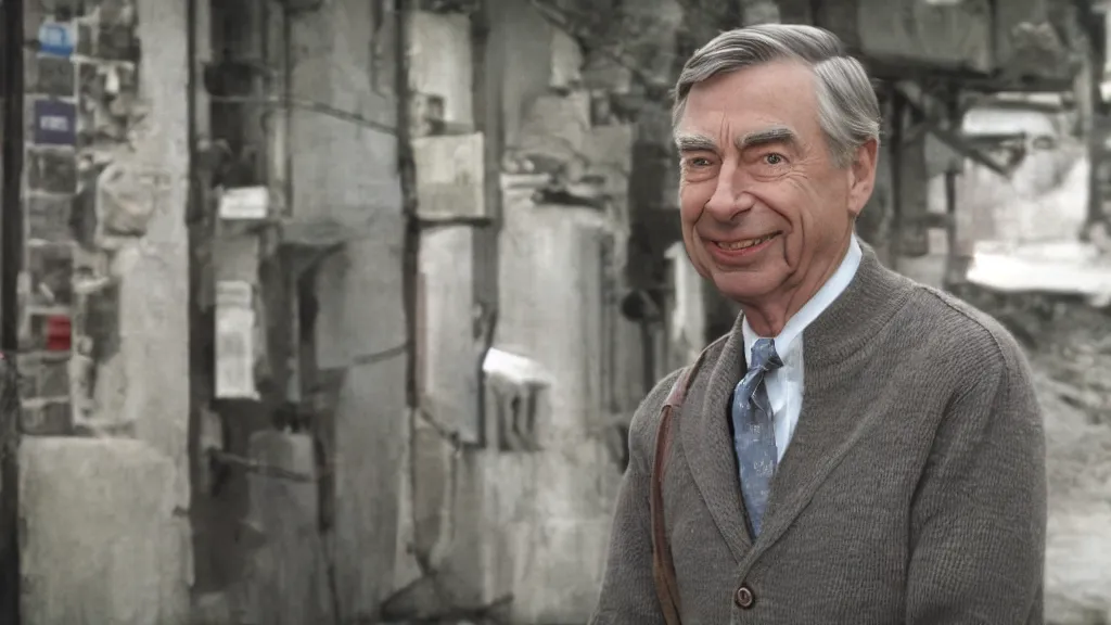 Image similar to still image of mr rogers on saving private ryan, cinematic, anamorphic, dramatic, 4 0 mm f / 2. 8