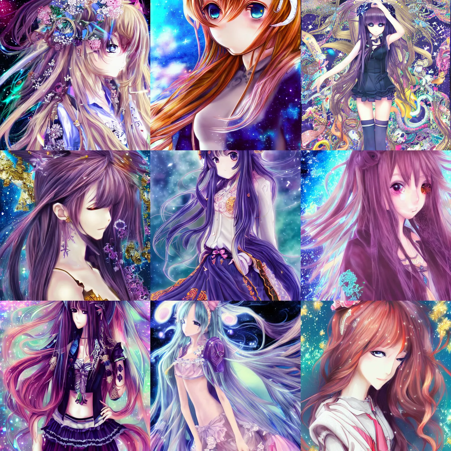 Prompt: anime girl with clothes with cosmic, magic long hair, super - resolution, hsl, 2 - bit, vr, uniform, nano, senary, rtx, insanely detailed and intricate, hypermaximalist, elegant, ornate, hyper realistic, super detailed, full body, full body shot,