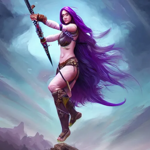 Prompt: beautiful female warrior with long purple hair and sword leaping through the air, highly detailed, trending on artstation, stylized, by WLOP