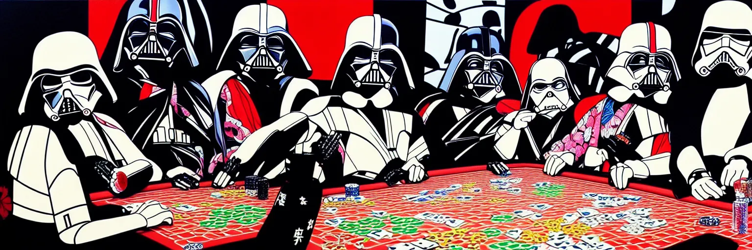 Image similar to hyperrealism composition of the detailed woman in a japanese kimono sitting at an extremely detailed poker table with darth vader and stormtrooper, fireworks on the background, pop - art style, jacky tsai style, andy warhol style, acrylic on canvas