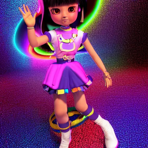 Image similar to 35mm macro shot portrait of an extremely cute and adorable Cyberpunk Prismatic Spectrum Cosmic Magical Girl Dora The Explorer from the Rainbow Sky Paradise playing Dance Dance Revolution at Eurovision and Tomorrowland, large piercing eyes, smirk, ambient occlusion, DAZ, cinematic lighting, 3D render, unreal engine 5, professional graflex photograph, flat vector art background, still from The Lord of The Rings reboot directed by Mark Ryden and Artgerm