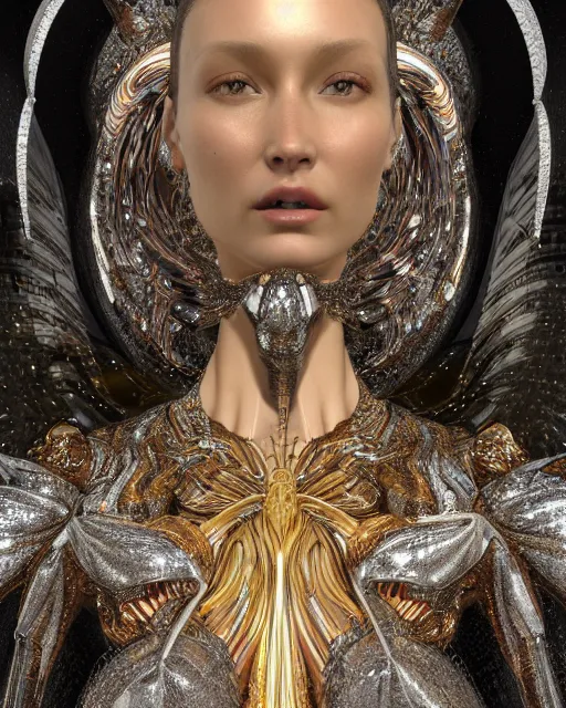 Image similar to a highly detailed metahuman 4 k close up render of an alien goddess bella hadid monument saint in iris van herpen dress schiaparelli in diamonds crystals swarovski and jewelry iridescent in style of alphonse mucha gustav klimt trending on artstation made in unreal engine 4