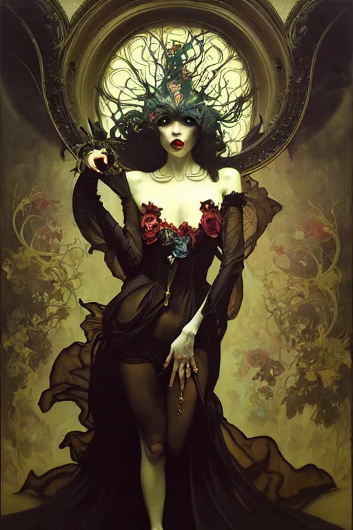 Image similar to baroque oil painting of full body vampire princess portrait, by nekro, peter mohrbacher, alphonse mucha, brian froud, yoshitaka amano, kim keever, victo ngai, james jean