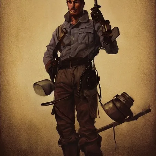 Image similar to a highly detailed epic cinematic concept art CG render digital painting artwork costume design: Errol Flynn as a 1950s sly army mechanic engineer with a thick stubble. By Greg Rutkowski, Ilya Kuvshinov, WLOP, Stanley Artgerm Lau, Ruan Jia and Fenghua Zhong, trending on ArtStation, subtle muted cinematic colors, made in Maya, Blender and Photoshop, octane render, excellent composition, cinematic atmosphere, dynamic dramatic cinematic lighting, aesthetic, very inspirational, arthouse