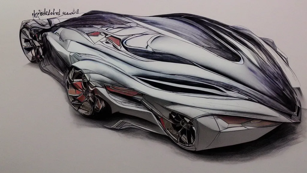Prompt: modern, automotive design rendering, airbrush, markers, concept car, futuristic, aggressive styling, on ancient paper