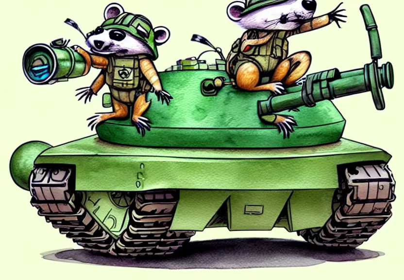 Image similar to cute and funny, racoon wearing army helmet riding in a tiny tank with large cannon, ratfink style by ed roth, centered award winning watercolor pen illustration, isometric illustration by chihiro iwasaki, edited by range murata