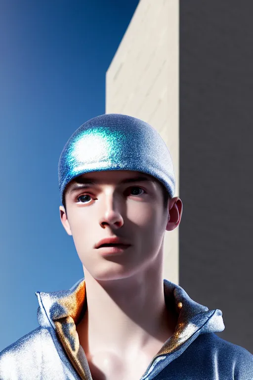 Image similar to un ultra high definition studio quality photographic art portrait of a young man standing on the rooftop of a british apartment building wearing soft padded silver pearlescent clothing. three point light. extremely detailed. golden ratio, ray tracing, volumetric light, shallow depth of field. set dressed.