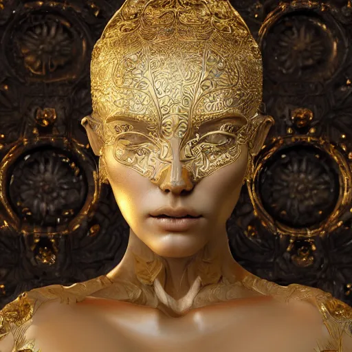 Image similar to Ultra detailed 3d render Macro of a marble statue, beautiful woman face, symmetrical composition, intricate thin details in gold, By James Jean and Tom Bagshaw and Victo Ngai and Craig Mullins, fantasy flowers and leaves, octane render, 8k, high quality, volumetric lighting, color grading