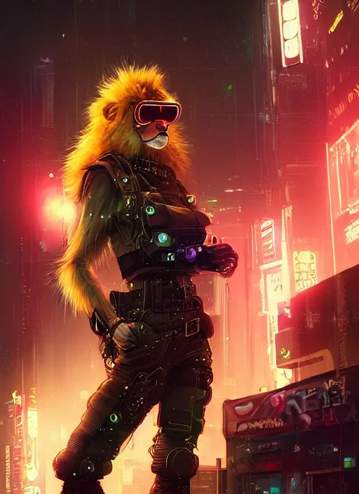 Image similar to beautiful portrait commission of a female furry anthro lion wearing a bullet proof vest and cargo pants. Cyberpunk city at night in the rain. Neon light. Atmospheric. Character design by charlie bowater, ross tran, artgerm, and makoto shinkai, detailed, inked, western comic book art