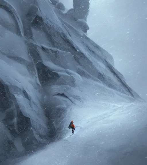 Image similar to a climber climbs a snowy mountain in a storm, close view, painting by craig mullins, octane rendering, soft morning lighting, wide angle lens, in the style of hayao miyazaki, trending on artstation,